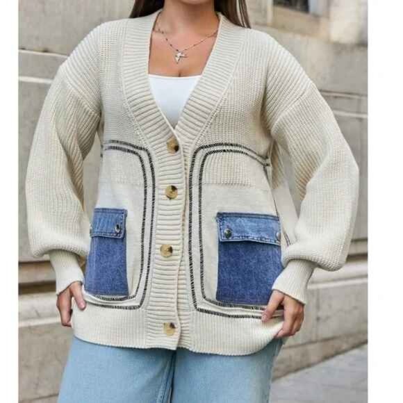 Cozy Denim Pockets Color Block Button Down Cardigan - Picture 3 of 10